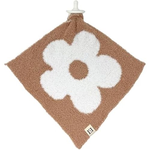 Baby Lovey Pacifier/Teether Holder 10"x10" - DreamSoft Knitted Cuddly Soothie Reversible Mini Comfort Blanket - Cute Newborn Gift Essential for Babies Boys and Girls (Flower Cafe/White)