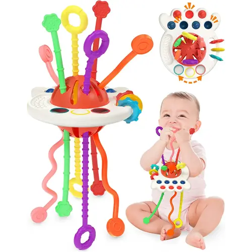 Yetonamr Baby Sensory Montessori Toys for 6-12-18 Months, Pull String Silicone Teething Toy, Toddler Birthday Gift Travel Toy for 1 2 Year Old Boy Girl Infant 8 9 10 Months Old