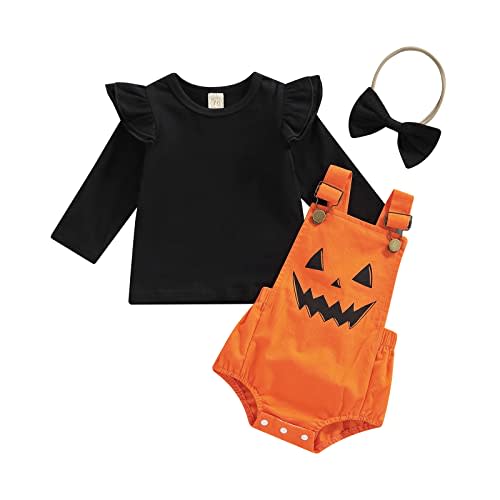 LouVasabuce Newborn Halloween Baby Girls Outfit Fly Long Sleeve Ribbed Top+ Pumpkin Ghost Printing Suspender Romper+ Headwear