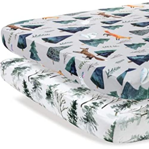 Pobi Baby - 2 Pack Premium Pack N Play Sheets Fitted for Standard Pack and Plays and Mini Cribs - Ultra-Soft Cotton Blend, Stylish Animal Woodland Pattern, Safe and Snug for Baby