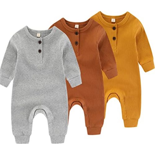 IADOER Newborn Baby Boys Girls One Piece Romper With Mitten Cuffs 3 Pack Long Sleeve Ribbed Button Jumpsuit Outfit Clothes