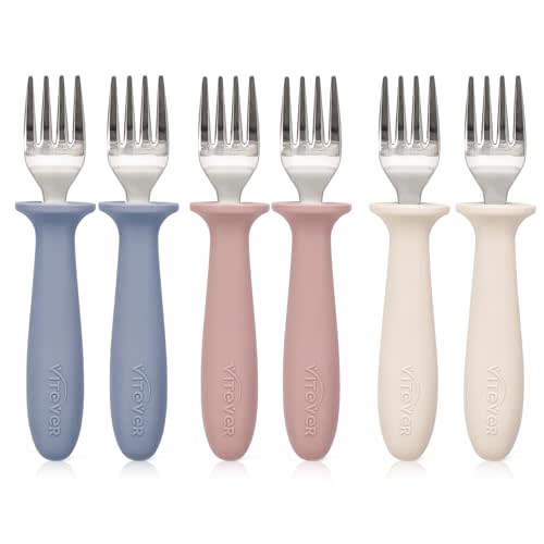 6 Pieces Toddler Forks,Kids Safe Utensils Set with Silicone Round Handle for Self Feeding,18/8 Stainless Steel Baby Forks,Children's Silverware Set BPA Free, Dishwasher Safe