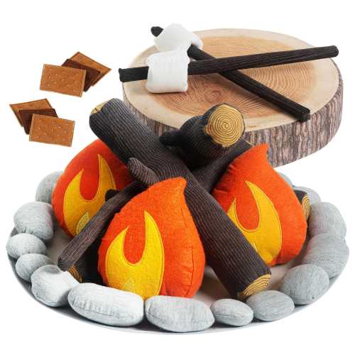 Felt Pretend Campfire Set for Kids with S'more Kit & Wood Log Pillow - Soft, Safe, and Durable Toy Campfire for Pretend Play