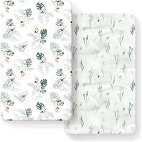 Stretch Ultra Soft Jersey Knit Fitted Crib Sheets Set 2 Pack, Fits All Standard Crib Mattress Pads Safe and Snug, Crib Fitted Sheet for Baby, Stylish Watercolor Animals for Baby, Mint Green