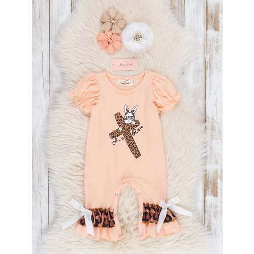 6-12 months Peach & Leopard "He is Risen" Ruffle Romper