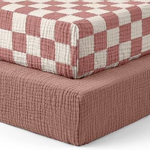 Blissful Diary Muslin Crib Sheets for Girl Boy, Boho Neutral Soft Cotton Baby Sheet for 52''x28'' Standard Crib Mattress, 2 Pack(Dusty Pink Checkboard & Dusty Pink)