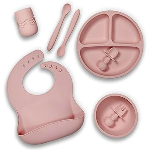 Silicone Baby Feeding Set, Baby Led Weaning Supplies - Suction Plate and Bowl, Self Feeding Spoon and Fork, 2 Bendable Spoons, Tiny Cup, Bib, First Stage Eating Utensils, Baby Dishes