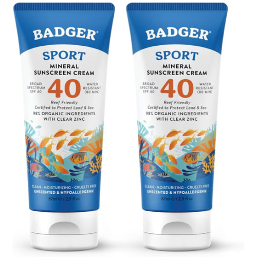 Badger Reef Safe Sunscreen, SPF 40 Sport Mineral Sunscreen, 98% Organic Sunscreen Ingredients, Broad Spectrum, Water Resistant, Zinc Oxide Sunscreen, Unscented, 2.9 fl oz (2 Pack)