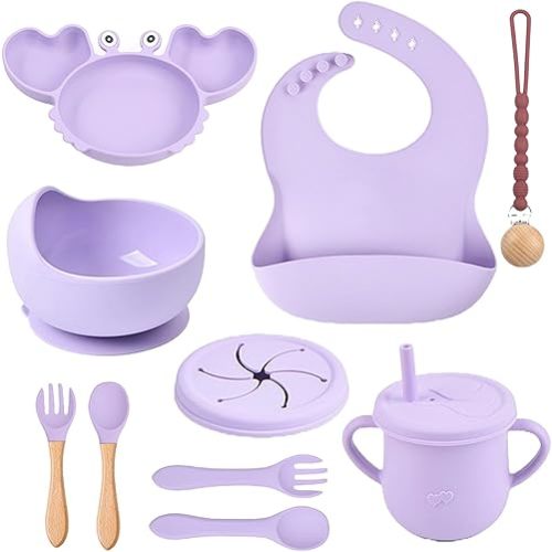 Silicone Baby Feeding Set 14 Pcs | Baby Led Weaning Supplies | Baby Spoons Suction Bowl Divided Plate Bib Cup | First Stage Solid Food Eating Utensils - 6+ Months (Purple)