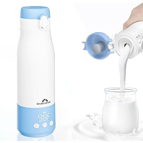 KinderSense® Portable Bottle Warmer for Travel - 12 Fl Oz Large Capacity 55W Power - Breastmilk, Water, Baby Formula- Fast Heating, Leakproof, LED Display + Preset Timer | 18W QC Charger