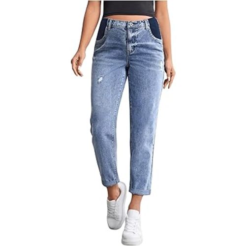 Women's Maternity Casual High Waist Zipper Ripped Jeans Pants Trousers Mom Fit Denim Pants