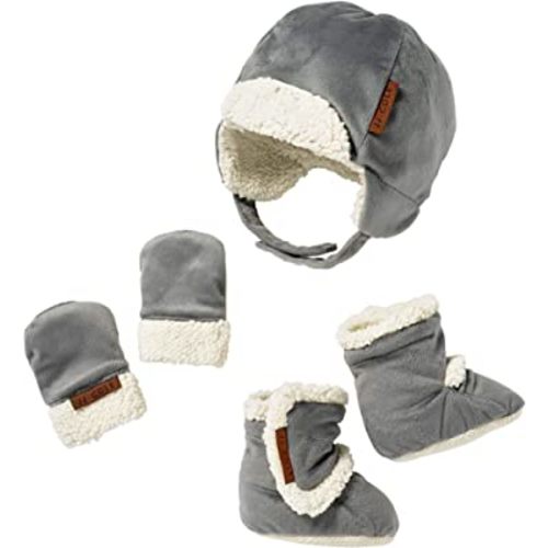 JJ Cole Graphite Gray Winter Baby Hat, Mittens, Booties Set - Infant to 6 Months, Sherpa Lined, Adjustable - Unisex Babies Essentials