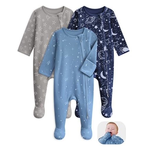 Unnivoll Baby Sleepers 100% Organic Cotton Baby Pajamas Boys Girls Clothes | Footie Pajamas for Newborn 0-3 3-6 6-9 Months, 3Pcs Soft Infant Footed PJs with Mitten Cuffs, Two Way Zipper, Long Sleeve