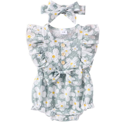 Newborn Baby Girls Summer Jumpsuit Floral Print Cute Bow Ruffles Romper Headband Clothes Outfits