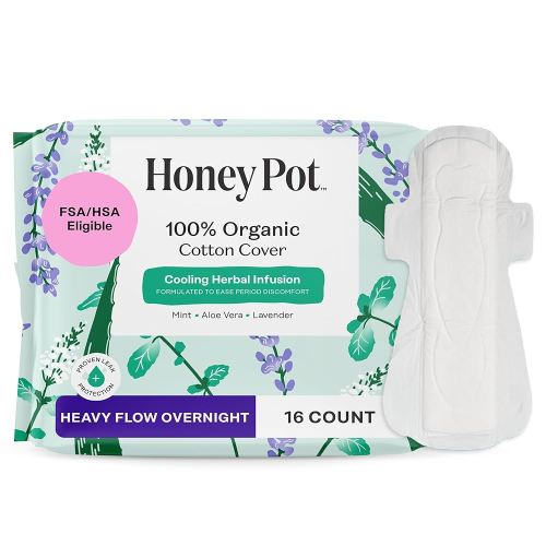 The Honey Pot Company - Herbal Sanitary Pads for Women - Heavy Flow Overnight w/Wings - Infused w/Essential Oils for Cooling Effect & Organic Cotton Cover - Feminine Care - FSA & HSA - 16 ct