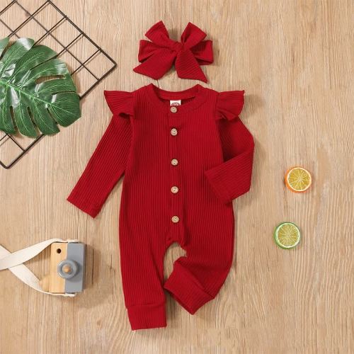 Baby Solid Color Romper with Bowknot Headband