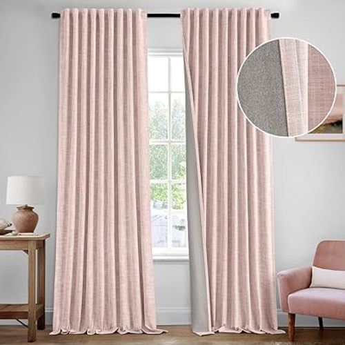 MIULEE Baby Pink 100% Blackout Linen Curtains 84 Inch 2 Panels Set Double Sided No Coating Pleated Back Tab Black Out Long Thermal Insulated Pinch Pleat Bedroom Living Room Darkening Window Drapes