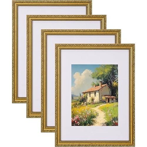 eletecpro 12x16 Picture Frames Set of 4, Vintage Frame with Glass Cover, Ornate Gold Photo Frames 12 by 16 Display 8.5x11 Photo with Mat or 12x16 without Mat for Home Wall Decor, Gold