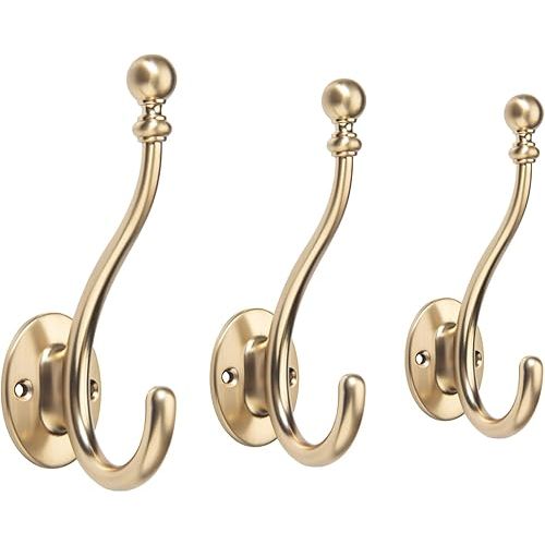 TUNNY 3 Pack Coat Rack Hooks-Champagne Bronze Towel Hook Entryway Hanging Towels Clothes Robes Double-Prong Farmhouse Rustic Wall Mounted Decorative Hanger with Screws