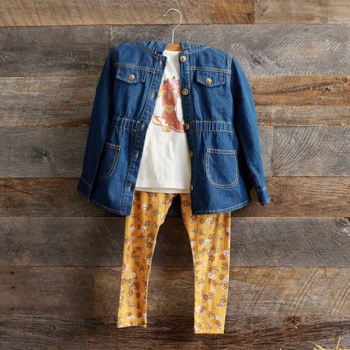 Toddler 3 Piece Denim Jacket, Screen Tee, and Legging Set