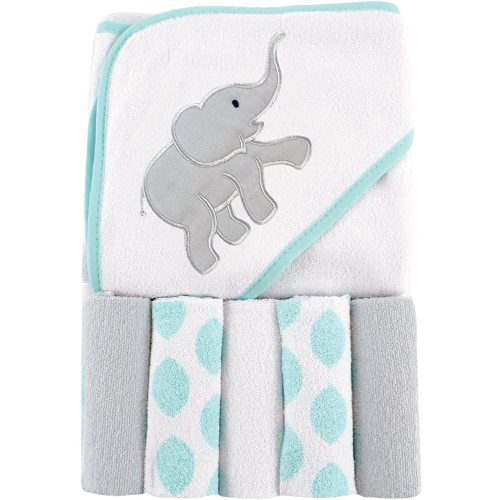 Luvable Friends Unisex Baby Hooded Towel with Five Washcloths, Cotton,Polyester,Ikat Elephant, One Size - 1 Count (Pack of 1)