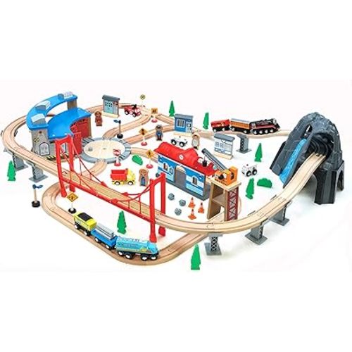Maxim 100 pc Mountain Wooden Train Set with Roundhouse for Toddler with Double-Side Train Tracks Fits Brio, Thomas, Melissa and Doug, Kids Wood Toy Train for 3,4,5 Year Old Boys and Girls