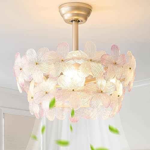 YMKSKJ 20" Pink Crystal Fandelier Ceiling Fans with Lights, Pink Flower Chandelier Ceiling Fan with Light Remote Control, Morden Caged with 6 Speeds for Bedroom, Nursery, Living Room