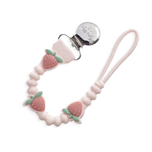 Itzy Ritzy Silicone Pacifier Clip; 100% Food Grade Silicone Pacifier Strap with Clip Keeps Pacifiers, Teethers & Small Toys in Place; Features One-Piece Design & Cord (Strawberry)