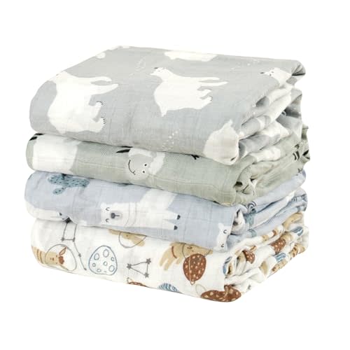 CoolaPeach 4 Set Muslin Swaddle Blankets for Newborn Baby Boys, Girls,Receiving Blankets-Cute Soft Print Baby Towel Wrap 120x110cm Baby (Animal)