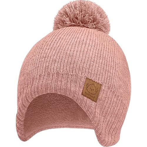 Baby Beanie Winter Hat 6-36 Months - Cute Pom Winter Baby Hats with Earflaps, Soft & Stretchy Knit Toddler Beanies for Infant, Newborn 6-36 Months Boys, Girls, Cozy, Warm Fall Essentials (Tea Rose, M)