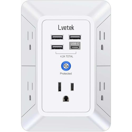 5 Outlet Extender Multi Plug Wall Outlets with 4 USB Charging Ports (1 USB C Outlet), 3 Sided 1680J Surge Protector Power Strip USB Wall Charger for Home, Office, Travel, ETL Listed, White