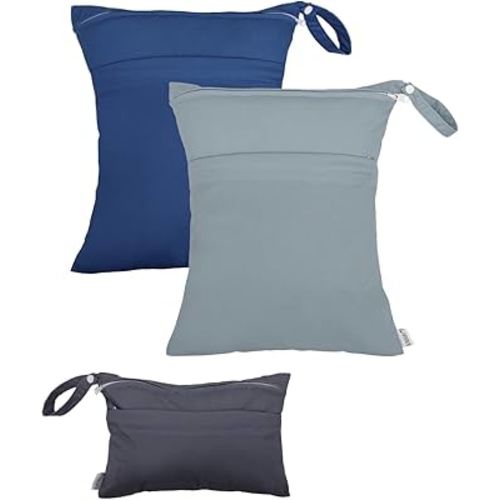 ALVABABY 3 Cloth Diaper Wet Dry Bags Waterproof Reusable with Two Zippered Pockets Travel Beach Pool Daycare Soiled Baby Items Yoga Gym Bag for Swimsuits or Wet Clothes Small medium Large 3L-SML01