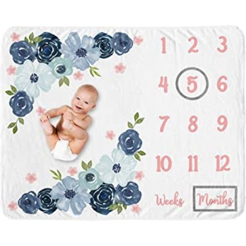 Sweet Jojo Designs Watercolor Floral Girl Milestone Blanket Monthly Newborn First Year Growth Mat Baby Shower Memory Keepsake Gift Picture - Navy Blue and Blush Pink Boho Shabby Chic Rose Flower