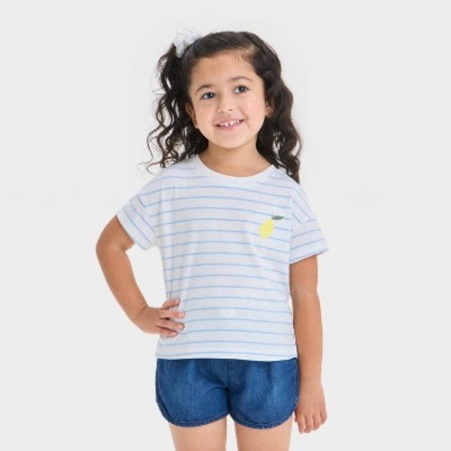 Toddler Girls' Lemon Striped Graphic T-Shirt - Cat & Jack™ Light Blue 3T: Cotton Blend, Recycled Polyester, Crew Neck, Short Sleeve