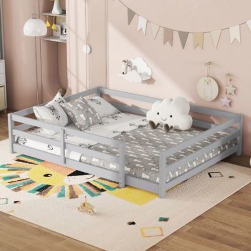 Full Size Floor Bed with Fence for Kids, Montessori Floor Bed Frame for Toddlers, Gray - ModernLuxe