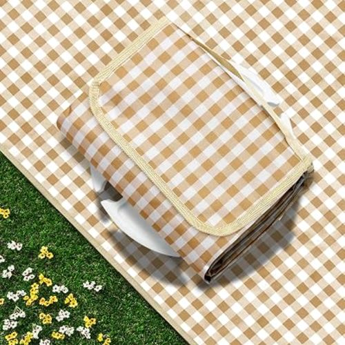 SAMSIER Outdoor Picnic Blankets Waterproof Foldable Sandproof, Large Gingham Cute Picnic Mat Washable Portable for Park Beach Camping Courtyard (Coffee, 60"×80")
