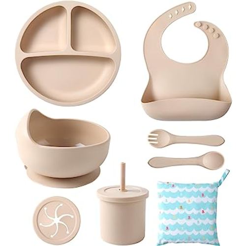 15 Pcs Baby Led Weaning Supplies, Silicone Baby Feeding Set, Suction Bowl  Divided Plate with Suction Adjustable Bib Soft Spoon Fork, Infant Baby  Toddler Self Eating Utensil (Beige, Orange, Light Gray) 