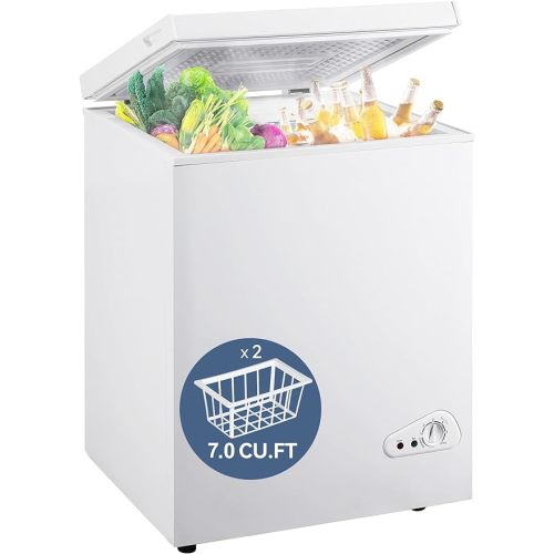 7.0 Cu Ft Chest Freezer - Energy Efficient & Quiet Mini Freezer with Adjustable Thermostat - Compact Deep Freezer for Home, Apartment, and Garage - Removable Basket & Defrost Drain