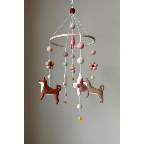 Dog mobile for nursery, Shiba Inu dog baby mobile neutral, Crib mobile, Puppy mobile, Felt ball mobile crib, dog nursery mobile