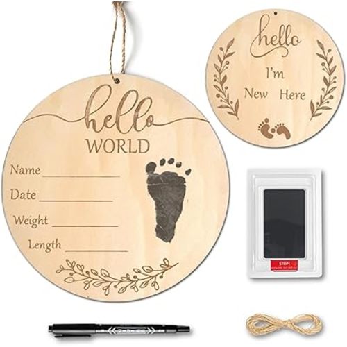 Baby Birth Announcement Sign with Marker Pen, Wooden Hello World Newborn Sign with Ink Pad for Baby Hand and Footprints, Double-sided Newborn Announcement Sign for Baby Shower Photo Prop Keepsakes
