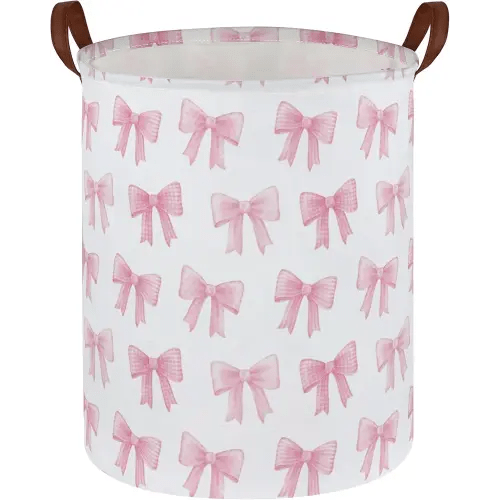 Kids Laundry Hamper,Pink Laundry Basket Collapsible Girls Storage Baskets for Home Decor,Office,Toy Organizer,(Pink Bowknot)