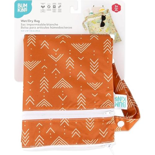Bumkins Waterproof Wet Dry Bag for Baby, Travel, Swim Suit, Cloth Diapers, Pump Parts, Pool, Beach, Gym Clothes, Toiletry, Hook to Stroller, Daycare, Zipper Reusable Wetdry Packing Pouch, Boho Orange