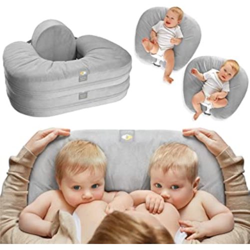 TwinGo Nurse & Lounge Pillow (Grey) - Breastfeeding Pillow for Twins or Two Lounge Pillows || 8 uses || XS to Plus Size Woman || Preemie 0-12+ mo Babies