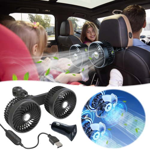 Car Backseat Fan for Backseat Kids, Adjustable Car Backseat Fan, Dual Head Usb Car Headrest Fan for Car Back Seat, Carseat Fans Car Seat Cooler 360 Rotatable 3-Speed