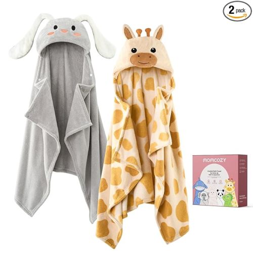 Momcozy Baby Bath Towels with Visualize Health Label - Ultra Soft & Absorbent Coral Fleece Hooded Towels for Newborn, Infant, Toddler (0-36 Months) Bath Essentials (Large Size,2 Pack)