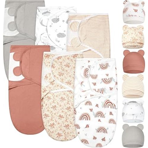 Ramede 6 Pack Baby Swaddle Blanket with Hats Sleep Swaddle for 0-3 Months Newborn Sacks Soft Cotton Wearable for Boy Girl