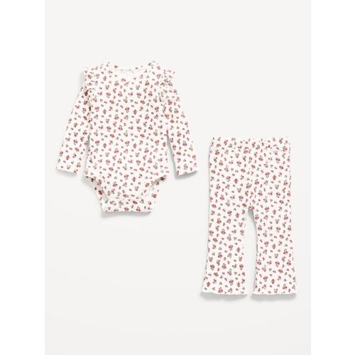 Printed Ribbed Ruffle-Trim Bodysuit and Pants Set for Baby 3 -6 months