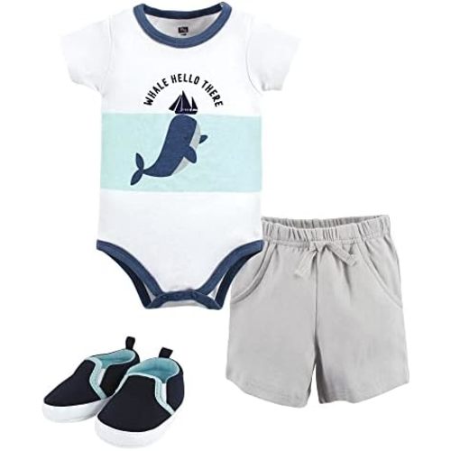 Hudson Baby Unisex Baby Cotton Bodysuit, Shorts and Shoe Set