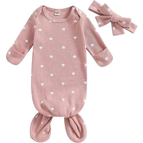DuAnyozu Knotted Gown Baby Newborn Sleeping Bag Heart Print Sleep Sack Infant Girl Sleeper Valentines Pjs Set with Headband (Pink, 0-3 Months)