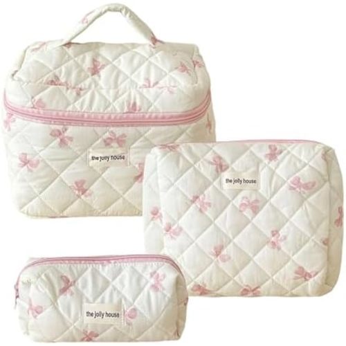 Cute Makeup Bag Aesthetic Floral Quilted Cotton Cosmetic Bag Travel Organizer Toiletry Pouch 3 Pack Set (02Pink Bow)